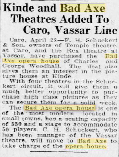 Bad Axe Opera House - 28 Apr 1923 Article (newer photo)